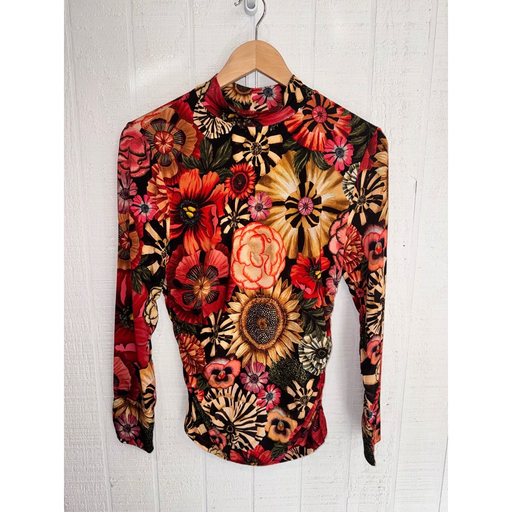 Farm Rio Flowershop Mini Black Jersey Blouse Women Multi Floral Mock Neck Large